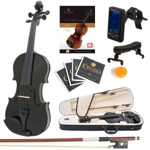 Mendini Full Size 4/4 MV-Black Solid Wood Violin w/Tuner, Lesson Book, Shoulder Rest, Extra Strings, Bow, 2 Bridges & Case, Metallic Black