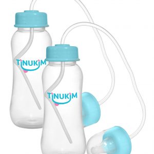 Tinukim iFeed 9 Ounce Self Feeding Baby Bottle with Tube – Handless Anti-Colic Nursing System, Blue – 2-Pack