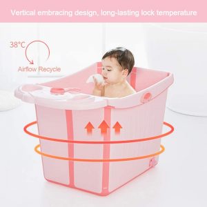 Collapsible Bathing Tub, FOME Vertical Large Space Folding Baby Bath Tub Foldable Shower Basin Collapsible Baby Bathtub Baby Shower Basin with Detachable Bath Stool For Infants Kids Aged 0-6 Years Old