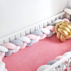 LOAOL Baby Crib Bumper Knotted Braided Plush Nursery Cradle Decor Newborn Gift Pillow Cushion Junior Bed Sleep Bumper (3 Meters, White-Gray-Rose)