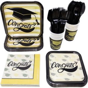 Graduation Party Supplies Packs (113+ Pieces for 16 Guests!), Grad Party, Open House, Graduation Party Pack, Black and Gold Tableware