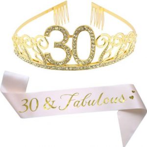 30th Brithday Gold Tiara and Sash, Glitter Satin 30 & Fabulous Sash and Crystal Rhinestone Birthday Crown for Happy 30th Birthday Party Supplies Favors Decorations Birthday Cake Topper