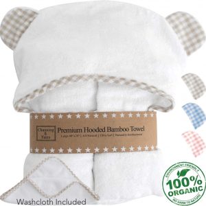 Premium Baby Towel with Hood and Washcloth Gift Set – Organic Baby Towels and Washcloths – Bamboo Hooded Towels for Baby – Hypoallergenic Large Toddler Towels for Boys or Girls (Beige/White)