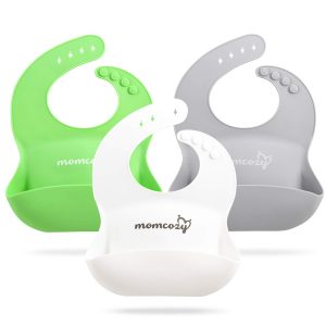 Momcozy Silicone Baby Bibs Easily Clean Set of 3, Soft Adjustable Toddler Silicone Bibs for Babies Girl and Boy, Waterproof, Green White and Grey