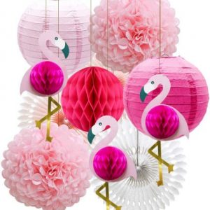 Tropical Pink Flamingo Party Honeycomb Decoration, Pom Poms Paper Flowers Tissue Paper Fan Paper Lanterns for Hawaiian Summer Beach Luau Party