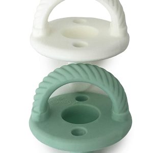 Itzy Ritzy Sweetie Soother Pacifier Set of 2- Silicone Newborn Pacifiers with Collapsible Handle & Two Air Holes for Added Safety; Set of 2 in Green and White, Ages Newborn & Up