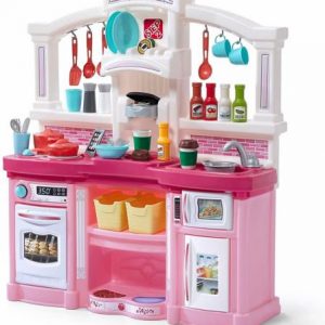 Step2 Fun with Friends Kitchen | Large Plastic Play Kitchen with Realistic Lights & Sounds | Pink Kids Kitchen Playset & 45-Pc Kitchen Accessories Set