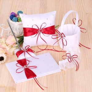 Decdeal 5pcs/set Wedding Supplies Double Heart Satin Flower Girl Basket + 7 7 inches Ring Bearer Pillow + Guest Book + Pen Holder + Bride Garter Set