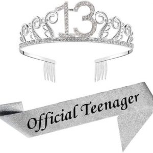 13th Birthday Silver Tiara and Sash Silver Glitter Satin Sash and Crystal Rhinestone Tiara Crown for Happy 13th Birthday Party Supplies Favors Decorations 13th Birthday Party Accessories