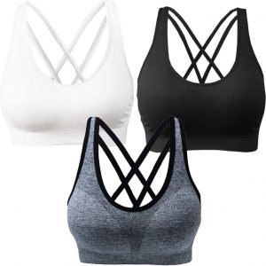 AKAMC 3 Pack Women’s Medium Support Cross Back Wirefree Removable Cups Yoga Sport Bra