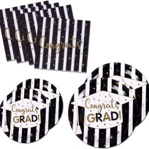 200PCS Graduation Party Supplies Paper Plates and Napkins Bulk for 50 Guests Dessert Round Disposable Plates Black Gold Tableware Set (for Graduation)