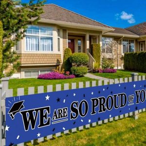 Large We are So Proud of You Banner, 2020 Graduation Party Supplies Decorations, Congratulations Banner, Congrats Banner, Graduation Decoration Blue and Black, Outdoor Indoor (9.8 x 1.6 feet)