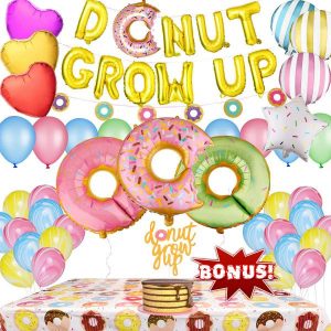 Donut Grow Up Party Supplies 60 PCS Bonus with Donut Table Cloth-Donut Birthday Party Decorations with Garland Banner Balloons Cake Topper