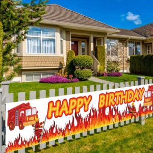 Large Fire Truck Happy Birthday Banner, Firetruck Birthday Sign Flag, Firefighter Fireman Birthday Party Supplies Decoration, Fire Engine Rescue Theme Birthday Outdoor Indoor Decoration, (9.8 x 1.5 ft)