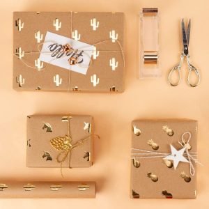 RUSPEPA Kraft Wrapping Paper Gold Foil Pineapple Cactus Shiny Kraft Paper for Birthday, Holiday, Wedding Gift Wrap – 6 Sheets Packed as 1 roll- 17.5 x 30 Inch per Sheet
