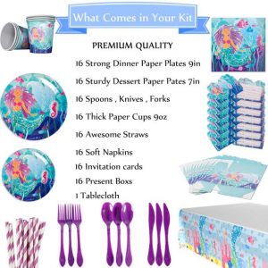 Mermaid Birthday Party Supplies Decorations Kit Favors – Serves 16 Guests -Tablecloth, Plates, Napkins, Cups, Spoons, Knives, Banner, Balloons, Gift for Girl’s Kids Birthday Party and Baby Shower Decor -207 Pcs