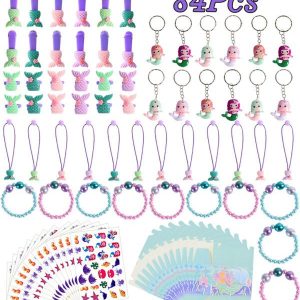 Mermaid Birthday Party Supplies Favors Kit – Total 84 Pcs- Bracelets, Goodie bags, Keychains, Rings, HairClips, Tattoos, Hairbands, Birthday Gifts For Girl Kids Party Accessories – Serves 12