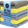 16” x 16” Large & Thick Microfiber Cleaning Cloths Strong Absorption with Fine Workmanship, Non-Abrasive Microfiber Towels for Home, Cleaning Rags for Cars, Cloth with 6-Pack (Blue, Yellow, Gray)