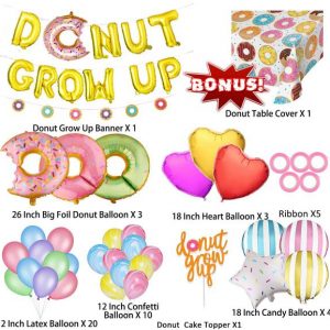 Donut Grow Up Party Supplies 60 PCS Bonus with Donut Table Cloth-Donut Birthday Party Decorations with Garland Banner Balloons Cake Topper