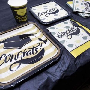 Graduation Party Supplies Packs (113+ Pieces for 16 Guests!), Grad Party, Open House, Graduation Party Pack, Black and Gold Tableware