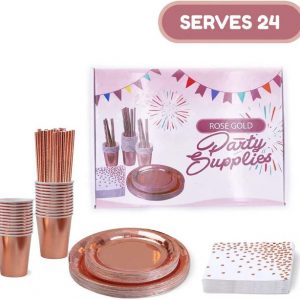 All Prime Rose Gold Plates, Napkins, Cups, and Straws for 24 Guests; 146 Pieces -Foil Enhanced Rose Gold Paper Salad/Dessert Dinner Plates Cups Napkins Straws; Rose Gold Bachelorette Party Supplies