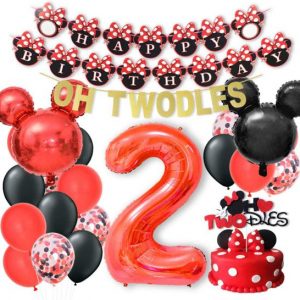 Kreatwow Minnie 2nd Birthday Decorations Mickey and Minnie Oh Twodles Party Supplies Red and Black Cake Topper Banner Garland