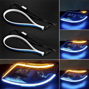 Dual Color Blue&Amber LED Headlight Stirp Tube Lights, Henlight 2 Pcs 24Inches Flexible Day Time Light, Waterproof DRL LED Kit for Car Switchback Light Turn Signal Light Decoration