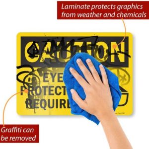 SmartSign Adhesive Vinyl OSHA Safety Sign, Legend “Caution: Eye Protection Required”, 10″ high x 14″ wide, Black on Yellow