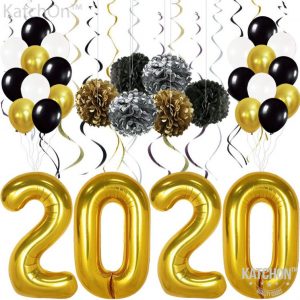 Graduations Party Supplies 2020 – Gold 2020 Balloons Pack of 49 | Gold Black Silver Hanging Party Swirls, Paper Pom Poms and Balloon | New Years Party Decorations | New Years Eve Party Supplies
