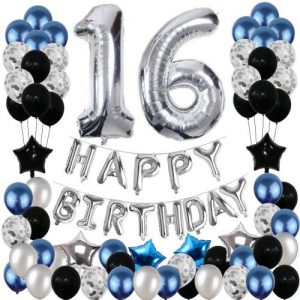 16th Birthday Decorations, Puchod Balloons Party Supplies Sets Birthday Decoration Kits Silver Blue Confetti Balloons Foil Letters Balloons Banner Decor Accessory for Boys(65pcs)