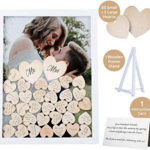 GLM Wedding Guest Book Alternative Drop Top Frame with Display Stand, 85 Wooden Hearts, 2 Large Hearts, and Sign Alternative Guest Book Set Shadow Box for Wedding, Baby Shower, Anniversary (White)