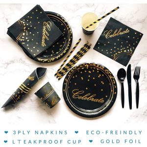 168 Piece Black and Gold Party Supplies Set | Disposable Dinnerware Set Services 24 | Includes Plastic Knives Spoons Forks Paper Plates Napkins Cups Straws | Birthday Graduation Retirement 2020