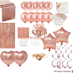 Rose Gold Party Decorations (22 Piece Set) Perfect For Multiple Occasions; Includes 4 Mylar Balloons, 5 Rose Gold Balloons, 5 Confetti Balloons, 2 Foil Fringe Door Curtains, Pack of 25 cups, 25 Napkins, 1 Roll Gift Ribbon, 1 (Pack of 5) Metallic Swirl Decorations, Beautiful Sequin Table Runner, and 1 Roll of Rose Gold Ribbon