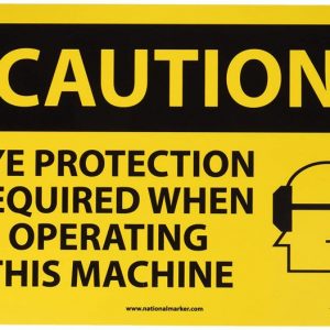 NMC C486RB OSHA Sign, Legend “CAUTION – EYE PROTECTION REQUIRED WHEN OPERATING THIS MACHINE” with Graphic, 14″ Length x 10″ Height, Rigid Plastic, Black on Yellow