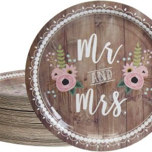 Disposable Plates – 80-Count Paper Plates, Wedding Party Supplies for Appetizer, Lunch, Dinner, and Dessert, Mr. and Mrs. Rustic Wedding Theme Design, 9 Inches in Diameter