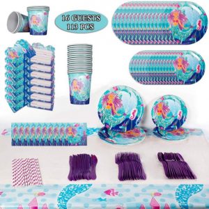 Mermaid Birthday Party Supplies Decorations Favors, Tablewares Serve 16 Guests, Tablecloth, Napkins, Invitation Cards for Under The Sea Theme Party Kit Decor For Girl’s Baby Shower- 113 Pcs