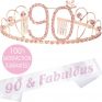 90th Birthday Gifts for Women, 90th Birthday Tiara and Sash, Appy 90th Birthday Party Supplies, 90 and Fabulous Pink White Glitter Satin Sash and Crystal Tiara Crown, 90th Birthday Party Decorations