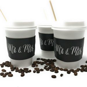 Mr. & Mrs. Paper Coffee Cups with Lids (50-Count, White) Disposable Hot & Cold Drinkware | Black Insulated Sleeves | Party, Reception, Celebration Supplies | Water, Tea, Cocoa | Disposable, Recyclable