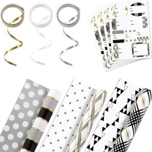 Hallmark Reversible Wrapping Paper Bundle with Ribbon & Gift Tag Stickers – Black, Gold Stripes, Plaid (3 Pack, 120 sq. ft. ttl, 30 Yds. Mini Ribbon, 36 Labels) for Graduations, Weddings, Christmas