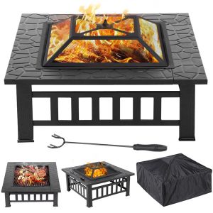 32″ Metal Square Fire Pit Garden Stove Brazier Square Metal Brazier with Poker For Barbecue, Heating, Cooling Drinks w/Cover & Poker Black Outdoor