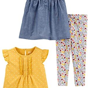 Simple Joys by Carter’s Girls’ Toddler 3-Piece Playwear Set, Chambray/Polka Dots, 3T