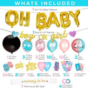 Baby Nest Designs Gender Reveal Party Supplies (116 Pieces) With The Original Gender Reveal Balloon! Boy or Girl Banner, Foil Balloons, Tinsel Curtain, Photo Props, Cupcake Topper, Mom to be and More!