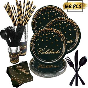 168 Piece Black and Gold Party Supplies Set | Disposable Dinnerware Set Services 24 | Includes Plastic Knives Spoons Forks Paper Plates Napkins Cups Straws | Birthday Graduation Retirement 2020