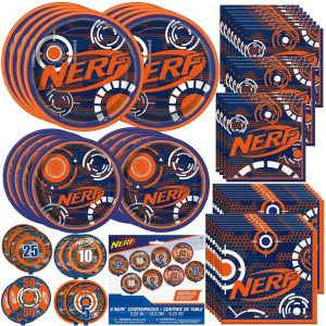 Unique Nerf Party Bundle | Beverage & Luncheon Napkins, Dinner & Dessert Plates, Bull’s Eye Decoration | Great for Interactive Sports Birthday Themed Parties