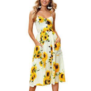 Angashion Women’s Dresses-Summer Floral Bohemian Adjustable Spaghetti Strap Button Down Swing Midi Dress with Pockets