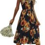 Angashion Women’s Dresses-Summer Floral Bohemian Adjustable Spaghetti Strap Button Down Swing Midi Dress with Pockets